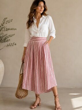 Max Studio Striped Midi Skirt Medium Red White Cotton Blend Coastal Preppy